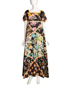 Glen of Michigan Vintage Polished Cotton Multicolor Patchwork Floral Maxi Dress