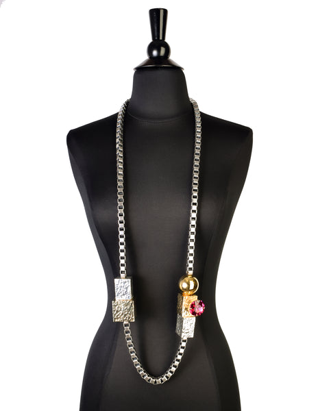 Mawi Vintage Gunmetal Silver Gold Pink Gem Geometric Box Link Sautoir Necklace