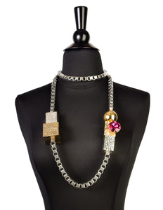 Mawi Vintage Gunmetal Silver Gold Pink Gem Geometric Box Link Sautoir Necklace