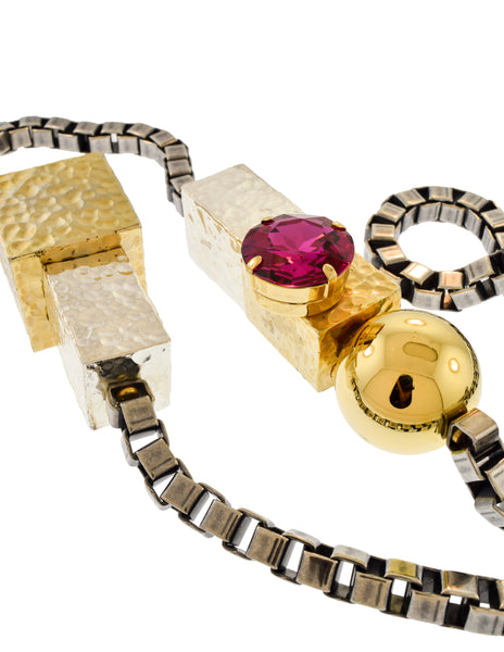 Mawi Vintage Gunmetal Silver Gold Pink Gem Geometric Box Link Sautoir Necklace