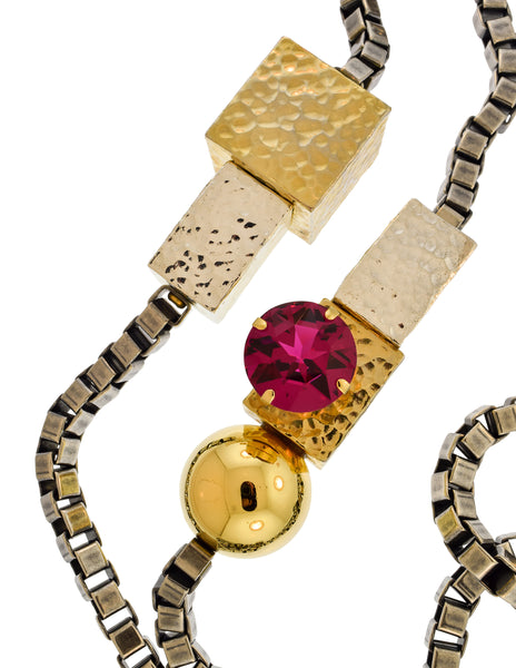 Mawi Vintage Gunmetal Silver Gold Pink Gem Geometric Box Link Sautoir Necklace