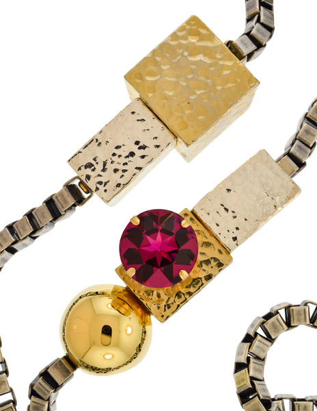 Mawi Vintage Gunmetal Silver Gold Pink Gem Geometric Box Link Sautoir Necklace