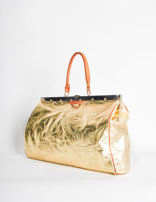 Vintage 1980s Embossed Gold Metallic Weekender Bag Amarcord