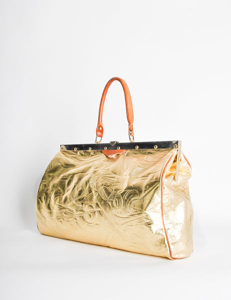 Vintage 1980s Embossed Gold Metallic Weekender Bag