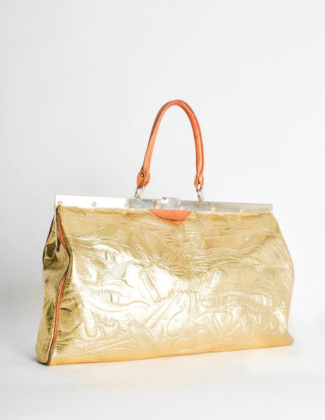 Vintage 1980s Embossed Gold Metallic Weekender Bag