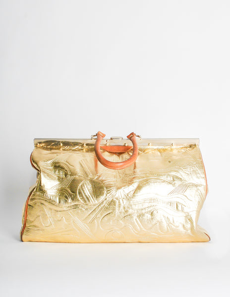 Vintage 1980s Embossed Gold Metallic Weekender Bag