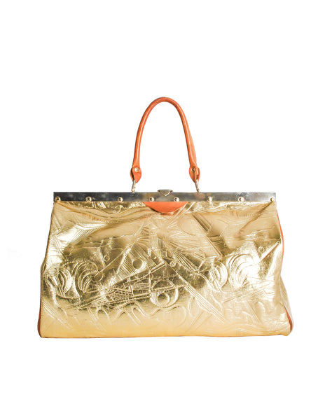 Vintage 1980s Embossed Gold Metallic Weekender Bag