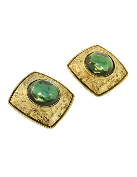 Robert Goossens Vintage Textured Gold Green Gripoix Glass Earrings