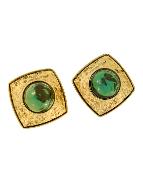 Robert Goossens Vintage Textured Gold Green Gripoix Glass Earrings