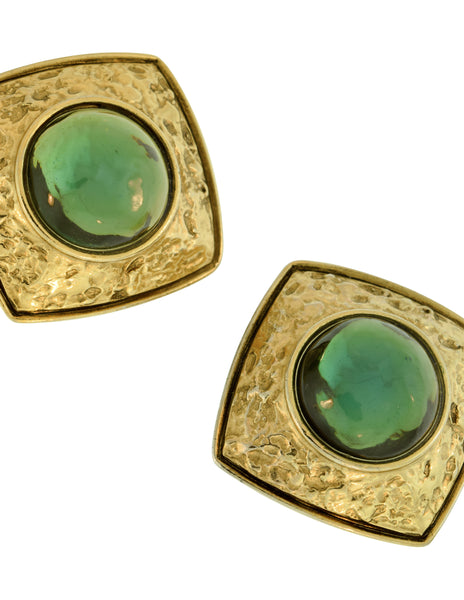 Robert Goossens Vintage Textured Gold Green Gripoix Glass Earrings