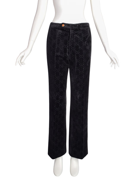 Gucci Vintage 1970s Black GG Logo Monogram Velvet Jacquard Wide Leg Pants