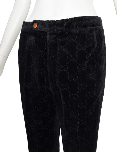 Gucci Vintage 1970s Black GG Logo Monogram Velvet Jacquard Wide Leg Pants