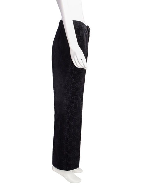 Gucci Vintage 1970s Black GG Logo Monogram Velvet Jacquard Wide Leg Pants