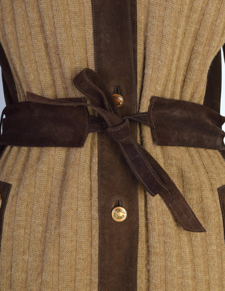 Gucci Vintage 1970s Tan Knit Brown Suede Paneled Horseshoe Sweater Jacket