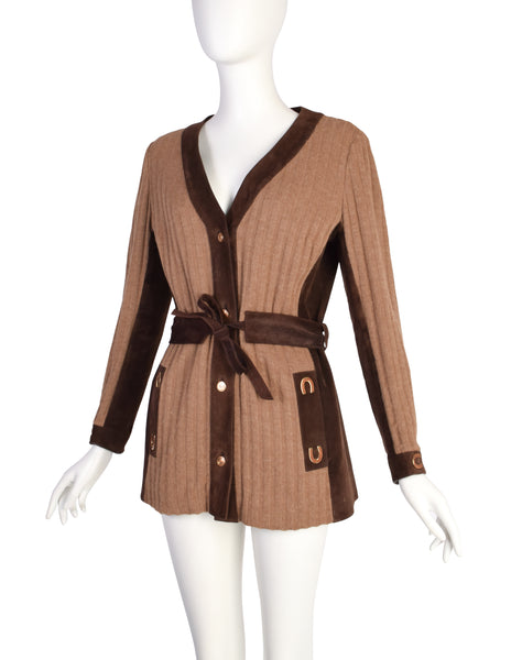 Gucci Vintage 1970s Tan Knit Brown Suede Paneled Horseshoe Sweater Jacket