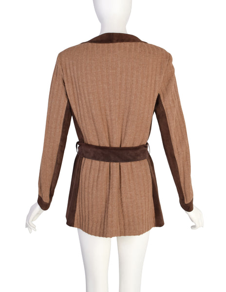 Gucci Vintage 1970s Tan Knit Brown Suede Paneled Horseshoe Sweater Jacket