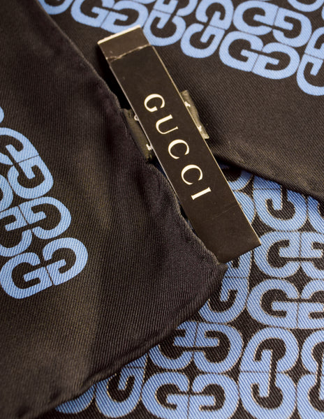 Gucci Vintage Black and Blue GG Logo Silk Small Scarf