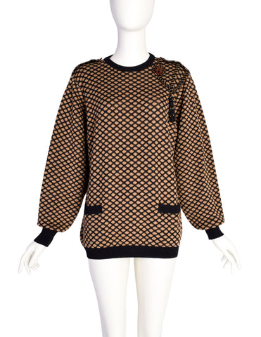 Gucci Vintage 1980s Black Brown Spotted Intarsia Beaded Embellished Sweater