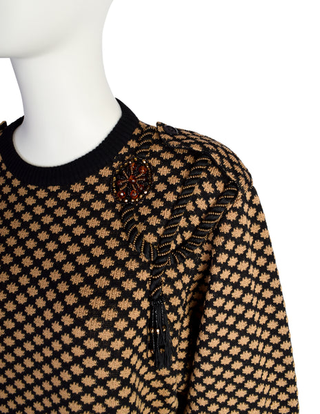 Gucci Vintage 1980s Black Brown Spotted Intarsia Beaded Embellished Sweater