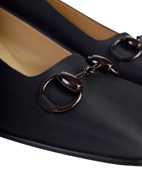 Gucci Vintage Matte Black Brown Enamel Horsebit Square Toe Heels