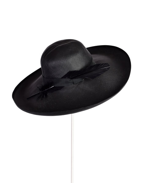 Gucci Vintage Black Feather Wide Brim Straw Hat