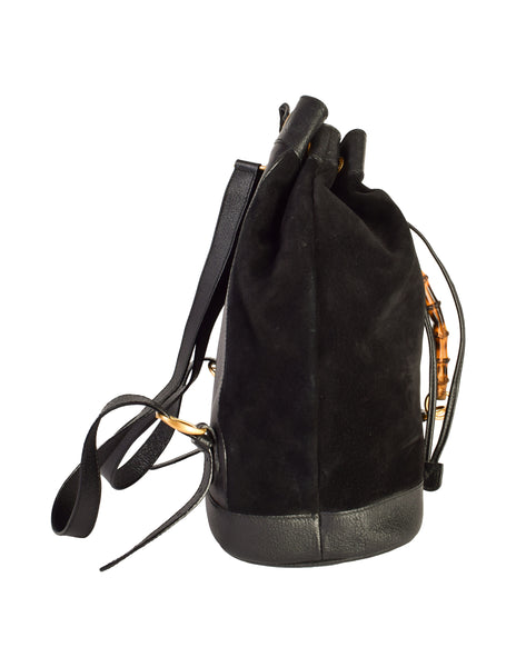 Gucci Vintage 1990s Black Suede Leather Bamboo Handle Backpack