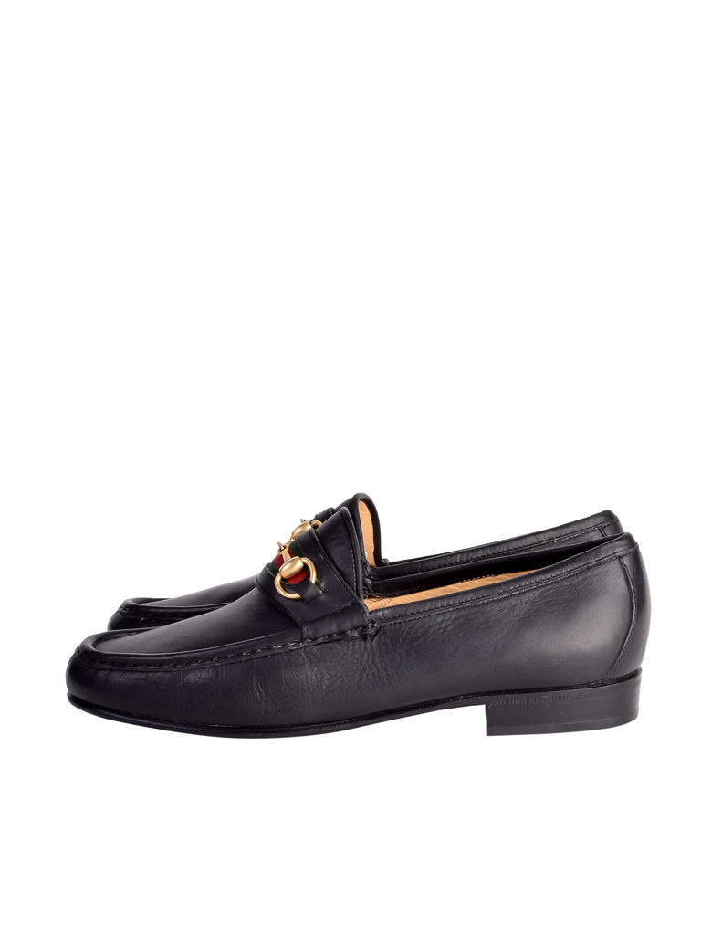 Gucci Vintage Iconic Classic Web Stripe Horsebit Black Leather Loafers ...