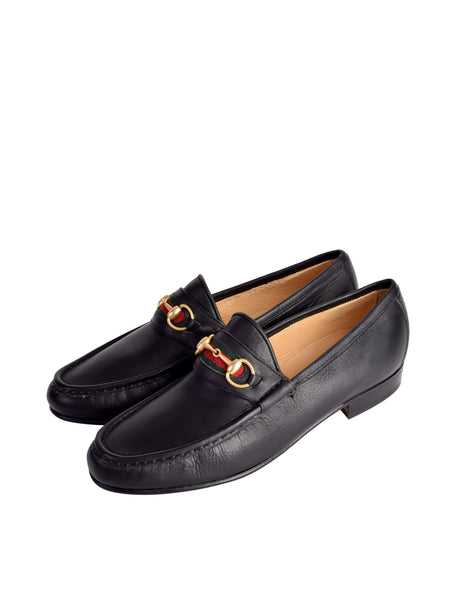 Gucci Vintage Iconic Classic Web Stripe Horsebit Black Leather Loafers