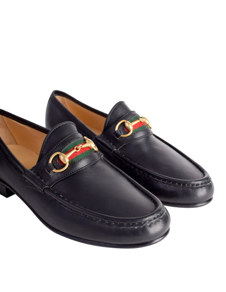 Gucci Vintage Iconic Classic Web Stripe Horsebit Black Leather Loafers