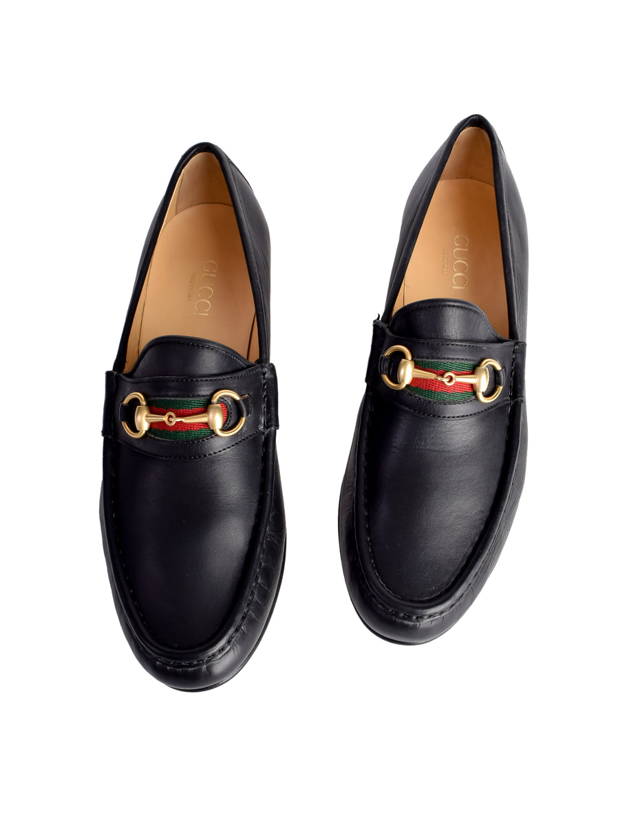 Gucci Vintage Iconic Classic Web Stripe Horsebit Black Leather Loafers ...