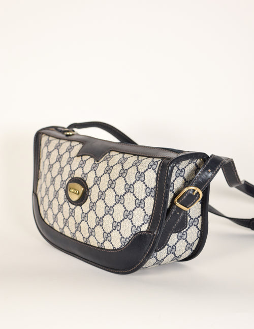 Vintage Gucci Micro GG Monogram Navy Blue/Gray Canvas Leather Crossbody  Handbag