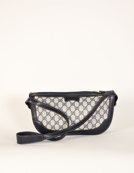 Gucci Vintage 1970s Navy Blue Monogram Coated Canvas Leather Shoulder Bag