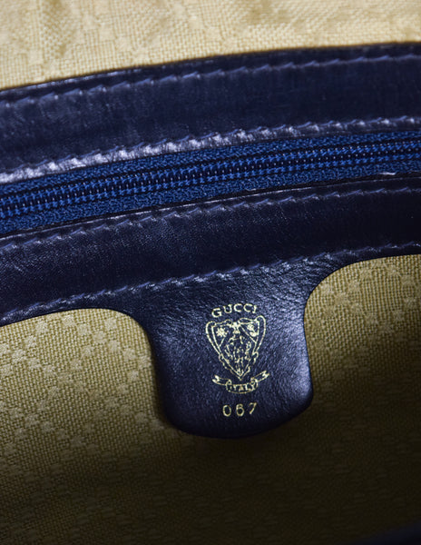 Gucci Vintage 1970s Navy Blue Monogram Coated Canvas Leather Shoulder Bag