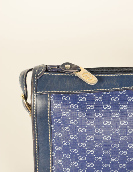 Gucci Vintage 1970s Blue Monogram Web Stripe Coated Canvas Leather Shoulder Bag