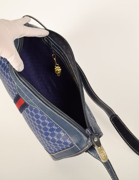 Gucci Vintage 1970s Blue Monogram Web Stripe Coated Canvas Leather Shoulder Bag