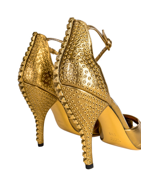 Gucci Vintage SS 2005 Burnished Gold Metallic Leather Studded Peep Toe Heels