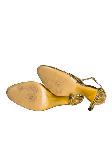 Gucci Vintage SS 2005 Burnished Gold Metallic Leather Studded Peep Toe Heels
