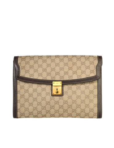 Gucci Vintage Brown GG Logo Monogram Fabric Leather Portfolio Clutch Bag