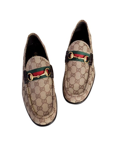 Gucci Vintage Mens Iconic Brown GG Monogram Web Stripe Horsebit Loafers