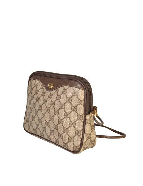 GUCCI VINTAGE GG LOGO COATED CANVAS & BROWN LEATHER CROSSBODY BAG