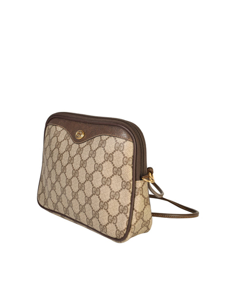 Gucci Vintage Brown GG Logo Monogram Coated Canvas Leather Crossbody Bag