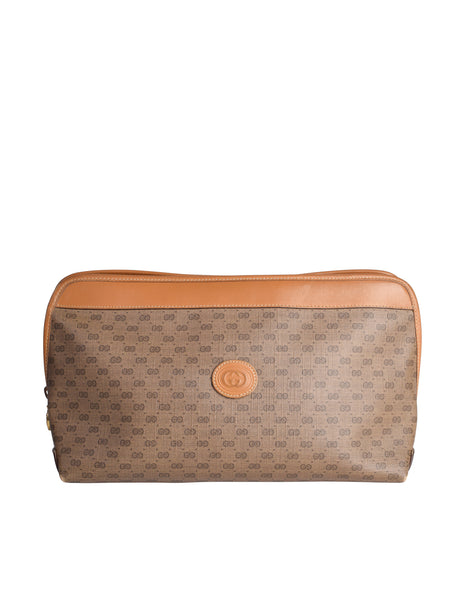 Gucci Vintage Large Caramel Leather and Brown Monogram Coated Canvas Cosmetic Clutch Bag