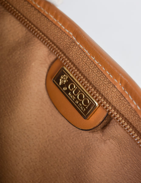 Gucci Vintage Large Caramel Leather and Brown Monogram Coated Canvas Cosmetic Clutch Bag