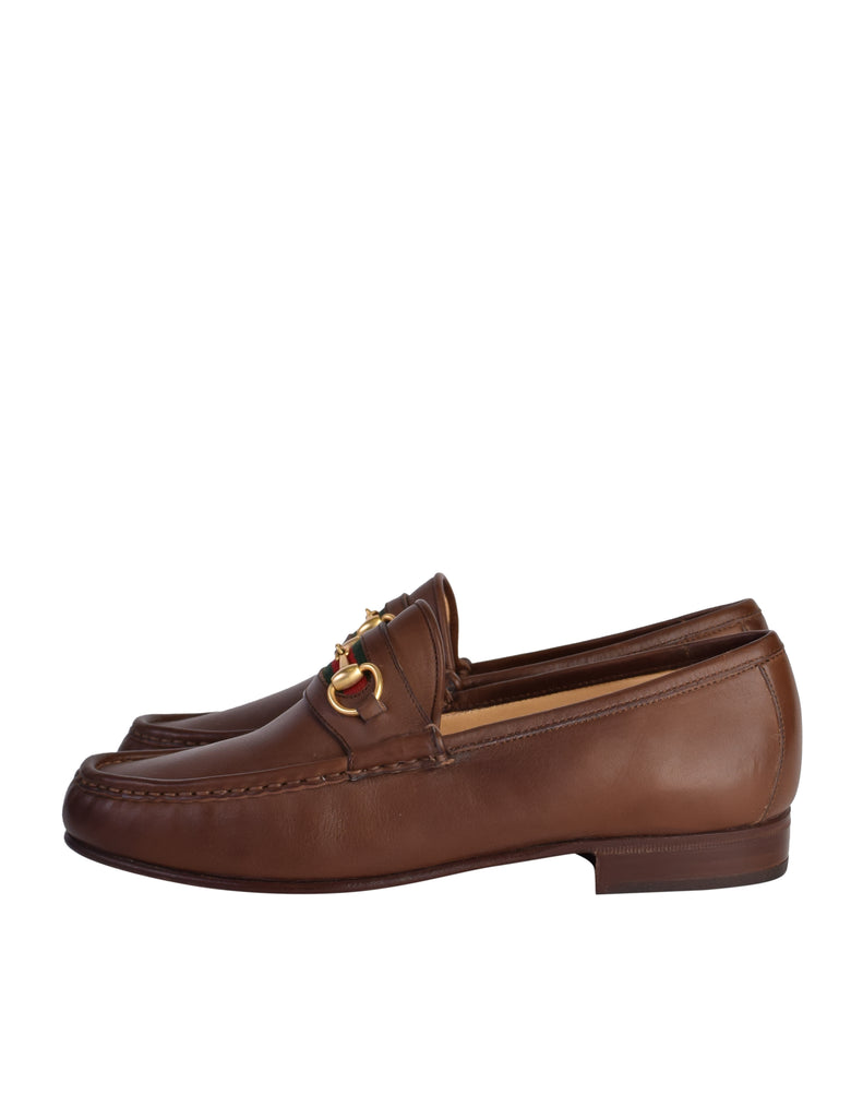 Gucci Vintage Iconic Classic Web Stripe Horsebit Brown Leather Loafers Amarcord Vintage Fashion