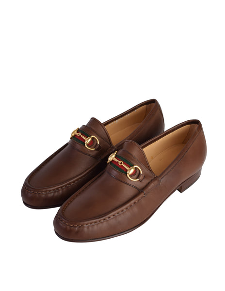 Gucci Vintage Iconic Classic Web Stripe Horsebit Brown Leather Loafers