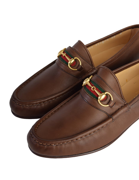 Gucci Vintage Iconic Classic Web Stripe Horsebit Brown Leather Loafers