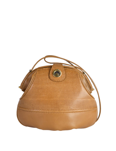 Gucci Vintage Tan Lizard Gathered Leather Rounded Hinged Shoulder Bag