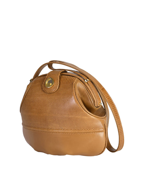 Gucci Vintage Tan Lizard Gathered Leather Rounded Hinged Shoulder Bag