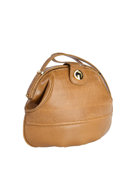Gucci Vintage Tan Lizard Gathered Leather Rounded Hinged Shoulder Bag