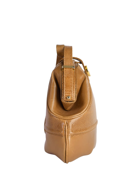 Gucci Vintage Tan Lizard Gathered Leather Rounded Hinged Shoulder Bag